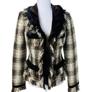 Cache Vintage 6 Size Women's Faux Fur Velvet Fringe Plaid Jacket Fall Boho